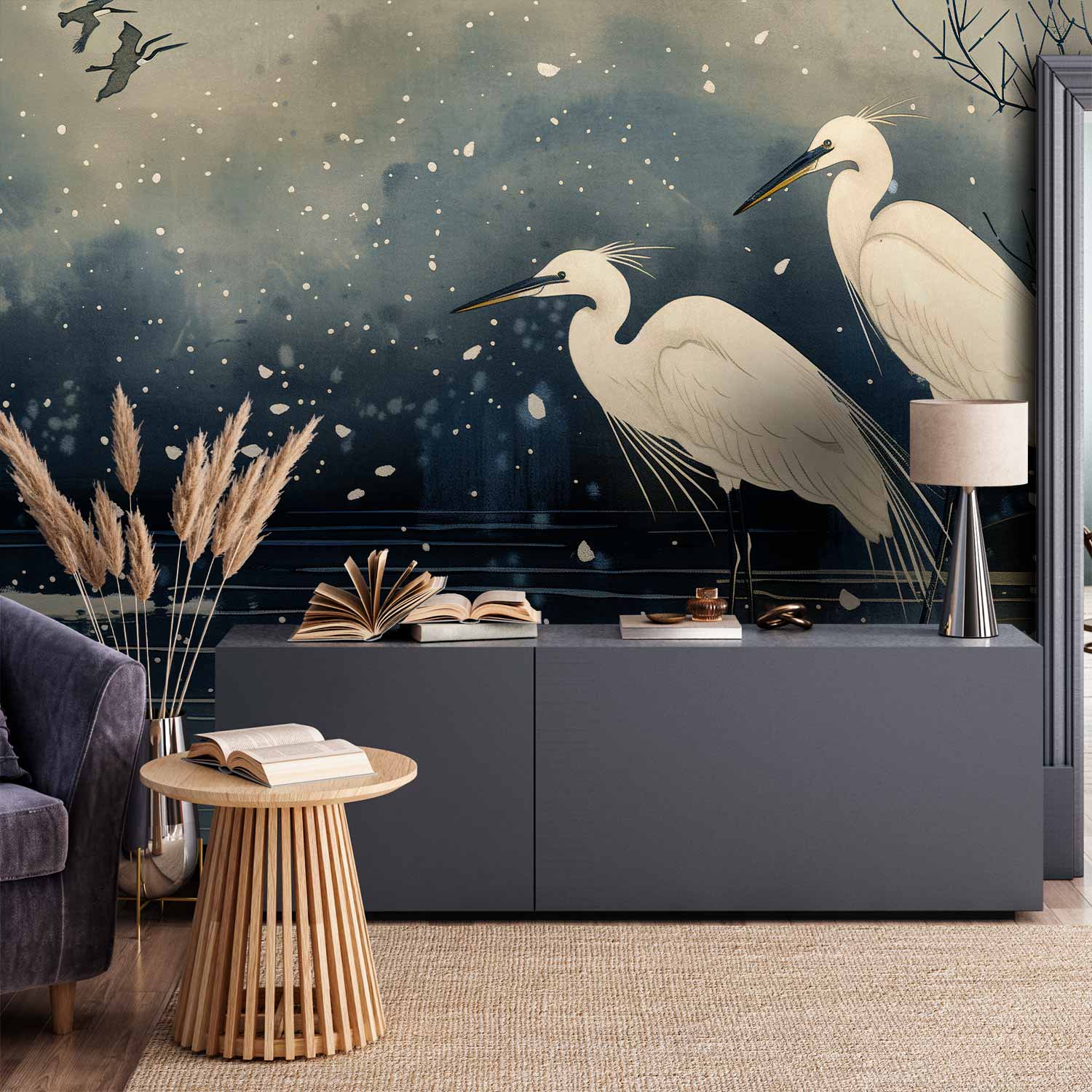 Japanese Herons Winter Pond Dark Wall Mural