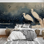 Japanese Herons Winter Pond Dark Wall Mural