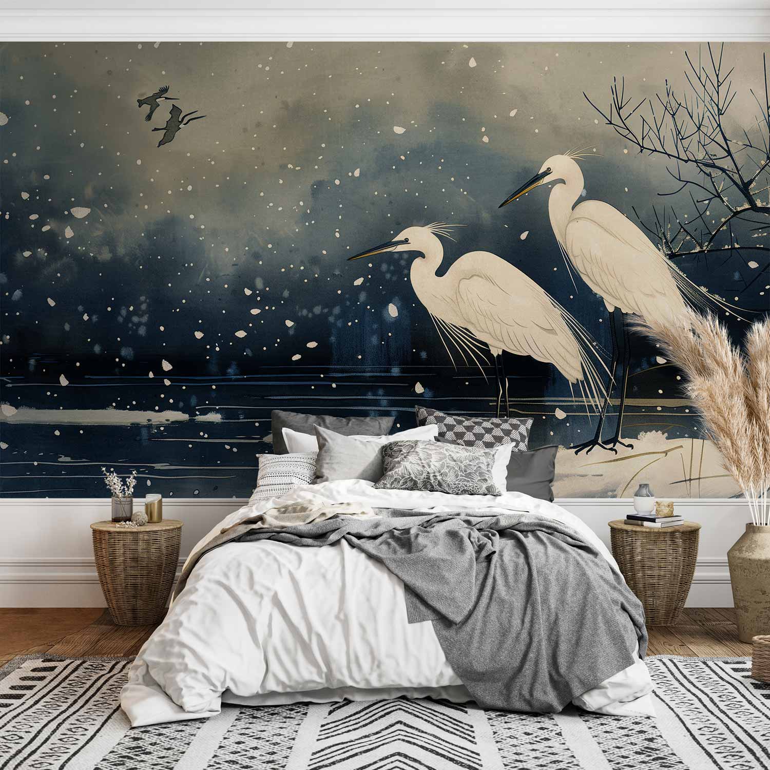 Japanese Herons Winter Pond Dark Wall Mural