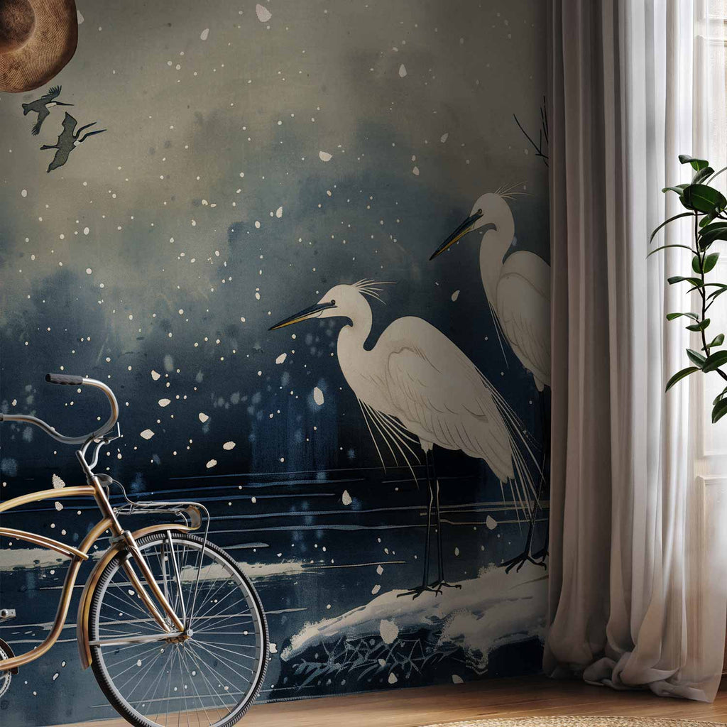 Japanese Herons Winter Pond Dark Wall Mural