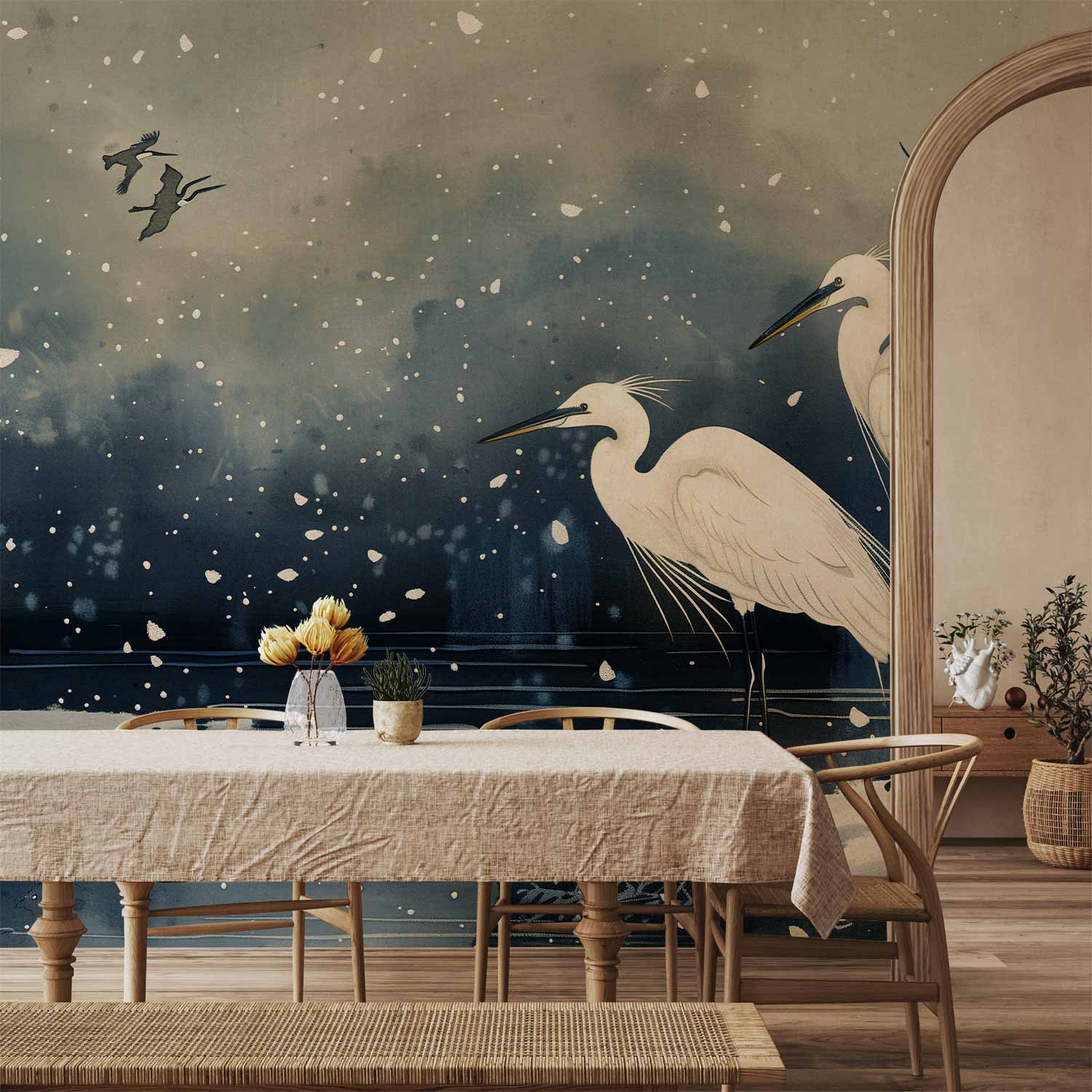 Japanese Herons Winter Pond Dark Wall Mural