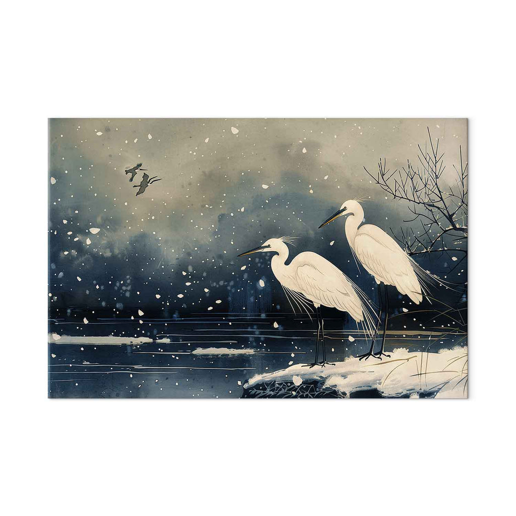 Japanese Herons Winter Pond Dark DIY Large Canvas Print