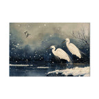 Japanese Herons Winter Pond Dark DIY Large Canvas Print