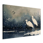 Japanese Herons Winter Pond Dark DIY Large Canvas Print