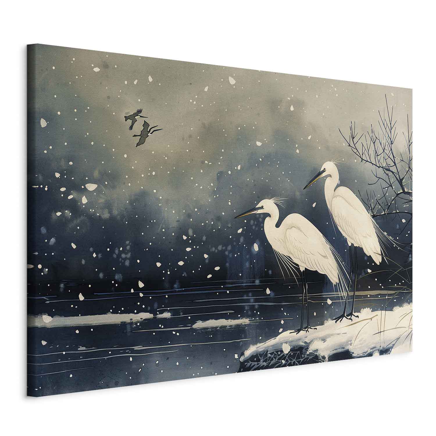 Japanese Herons Winter Pond Dark DIY Large Canvas Print