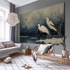 Japanese Herons Winter Pond Dark DIY Large Canvas Print