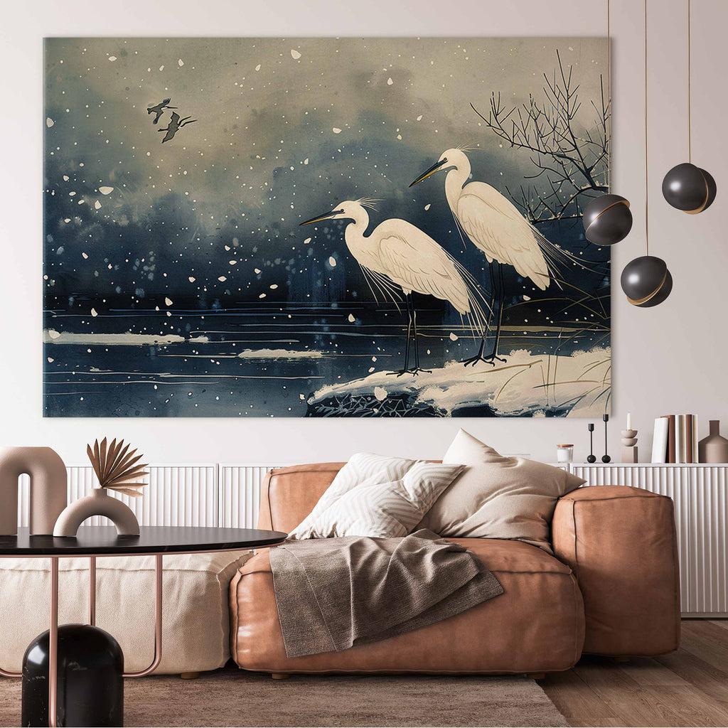 Japanese Herons Winter Pond Dark DIY Large Canvas Print