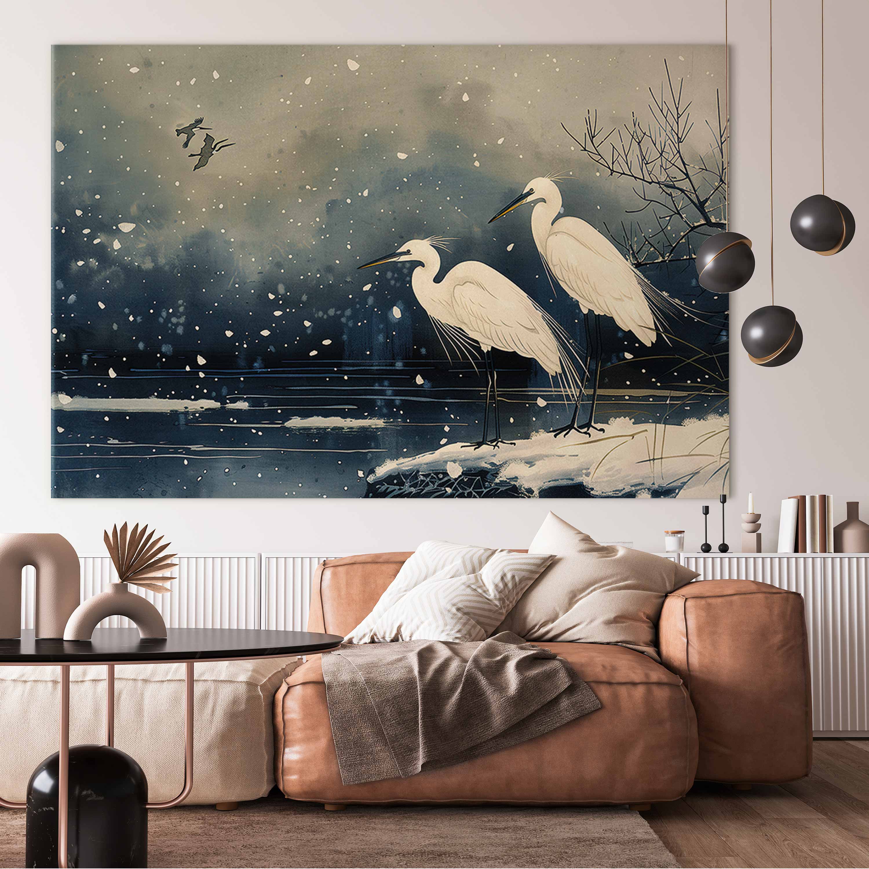 Japanese Herons Winter Pond Dark DIY Large Canvas Print