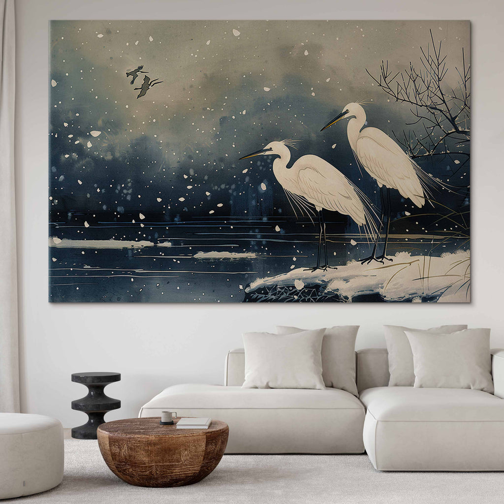 Japanese Herons Winter Pond Dark DIY Large Canvas Print