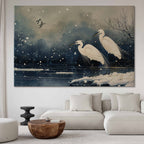 Japanese Herons Winter Pond Dark DIY Large Canvas Print