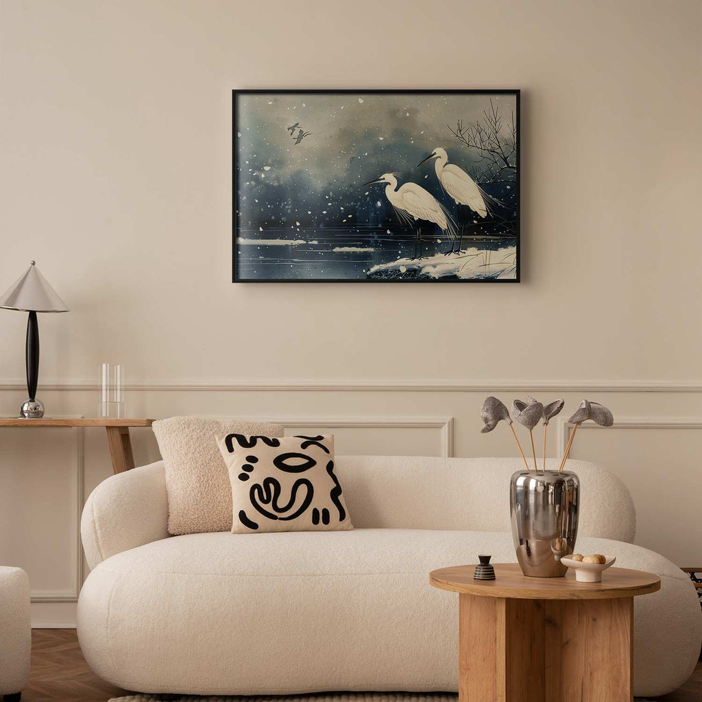Japanese Herons Winter Pond Dark Poster