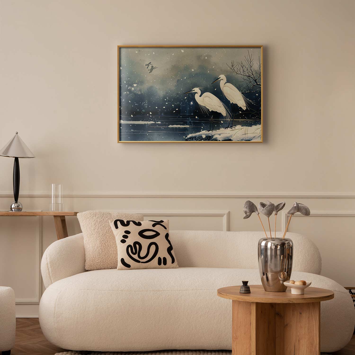 Japanese Herons Winter Pond Dark Poster