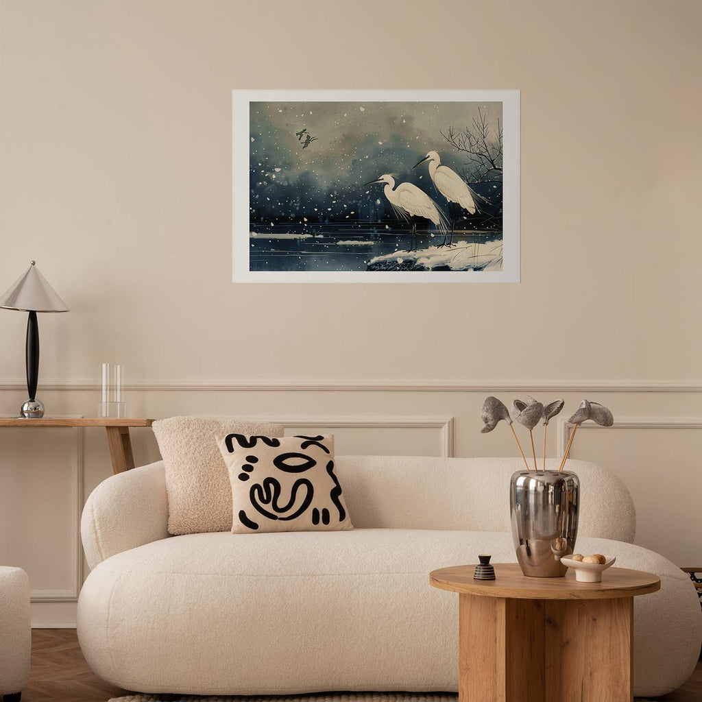 Japanese Herons Winter Pond Dark Poster