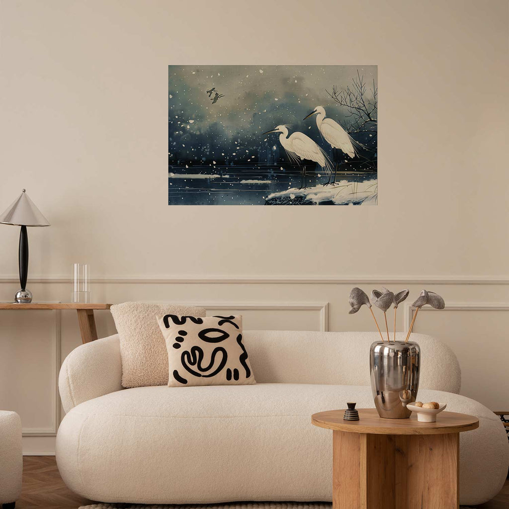 Japanese Herons Winter Pond Dark Poster