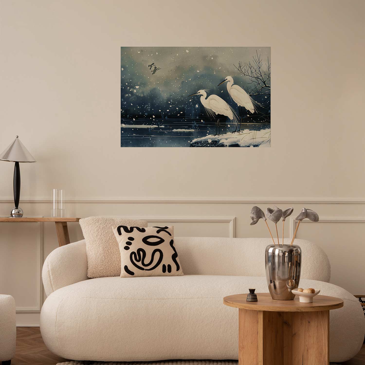 Japanese Herons Winter Pond Dark Poster