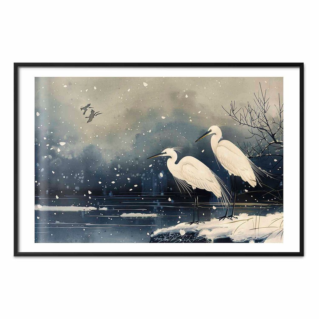 Japanese Herons Winter Pond Dark Poster