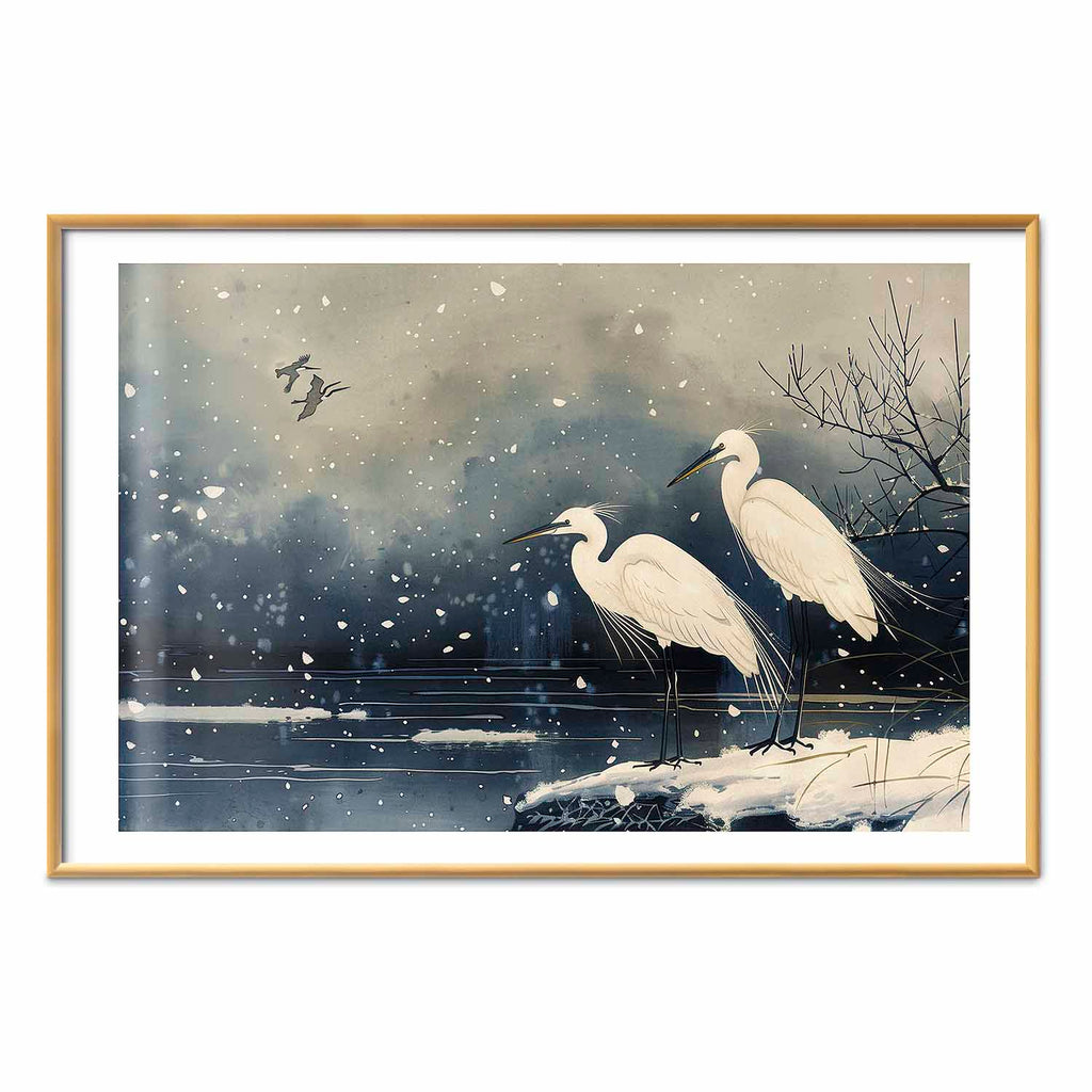 Japanese Herons Winter Pond Dark Poster