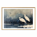 Japanese Herons Winter Pond Dark Poster