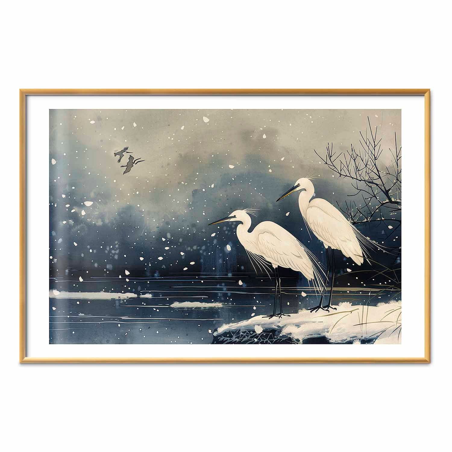 Japanese Herons Winter Pond Dark Poster