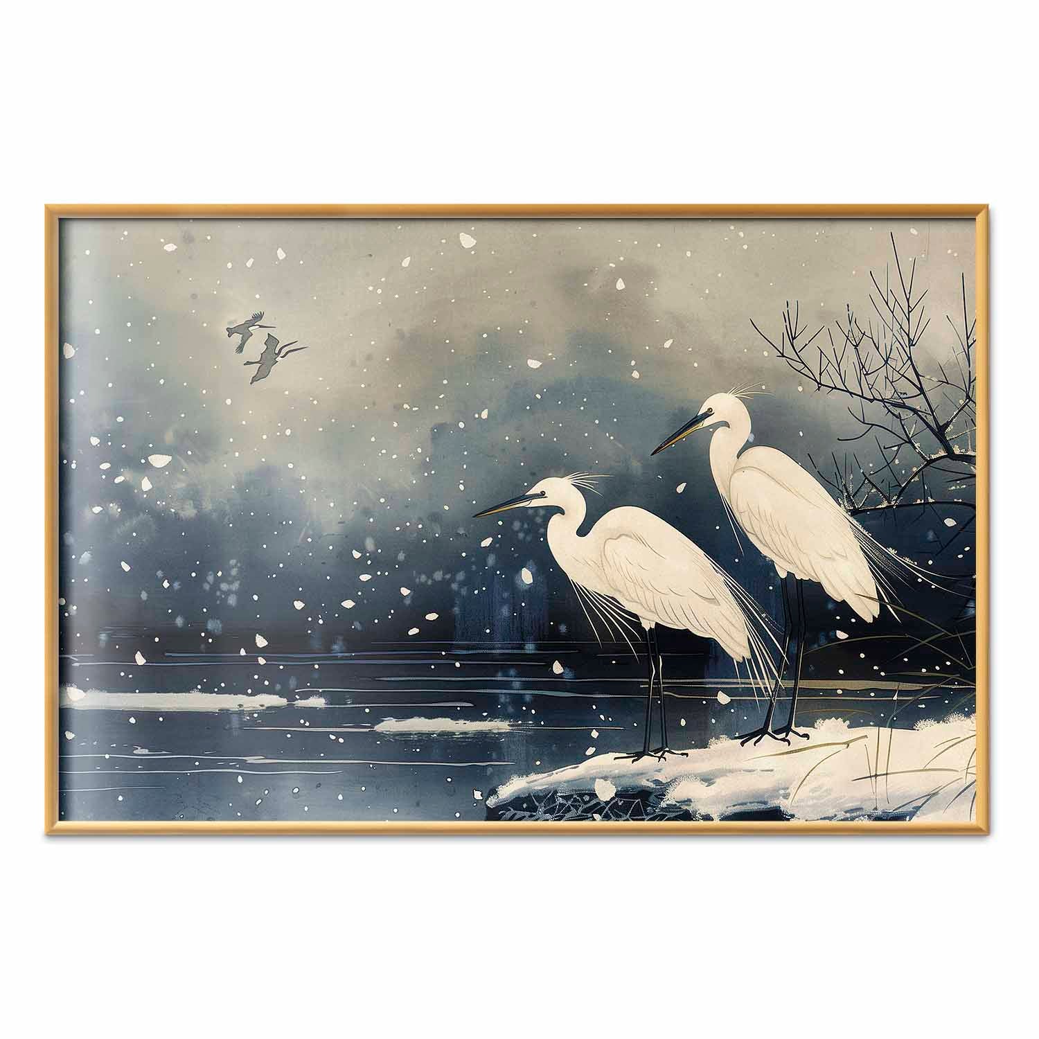 Japanese Herons Winter Pond Dark Poster