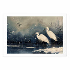 Japanese Herons Winter Pond Dark Poster