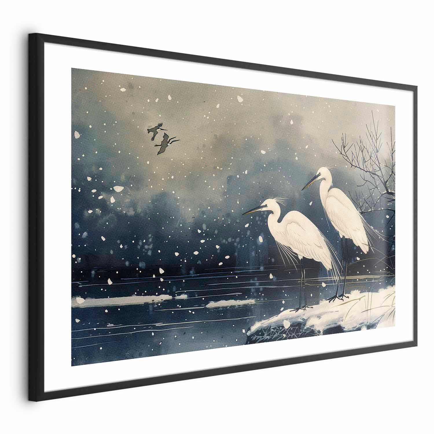 Japanese Herons Winter Pond Dark Poster