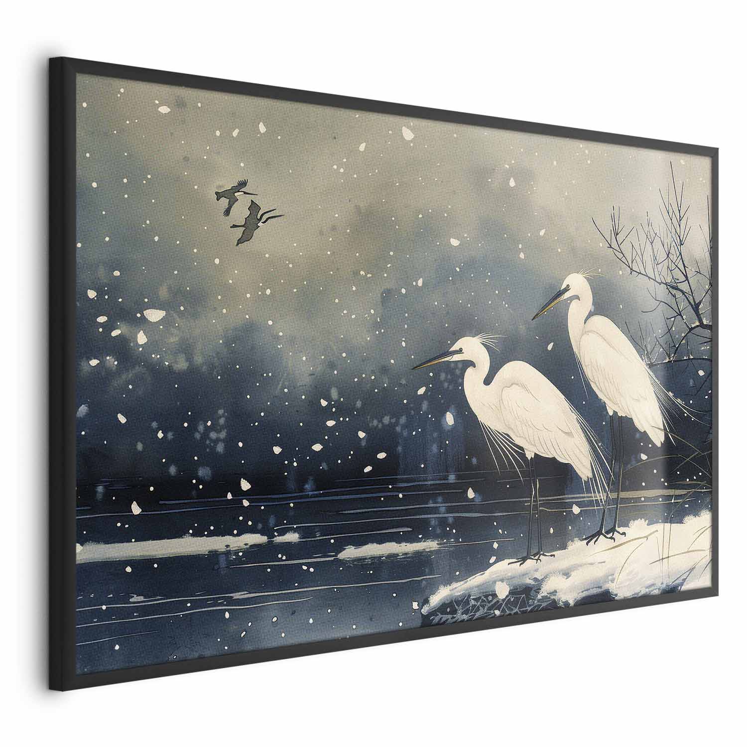 Japanese Herons Winter Pond Dark Poster