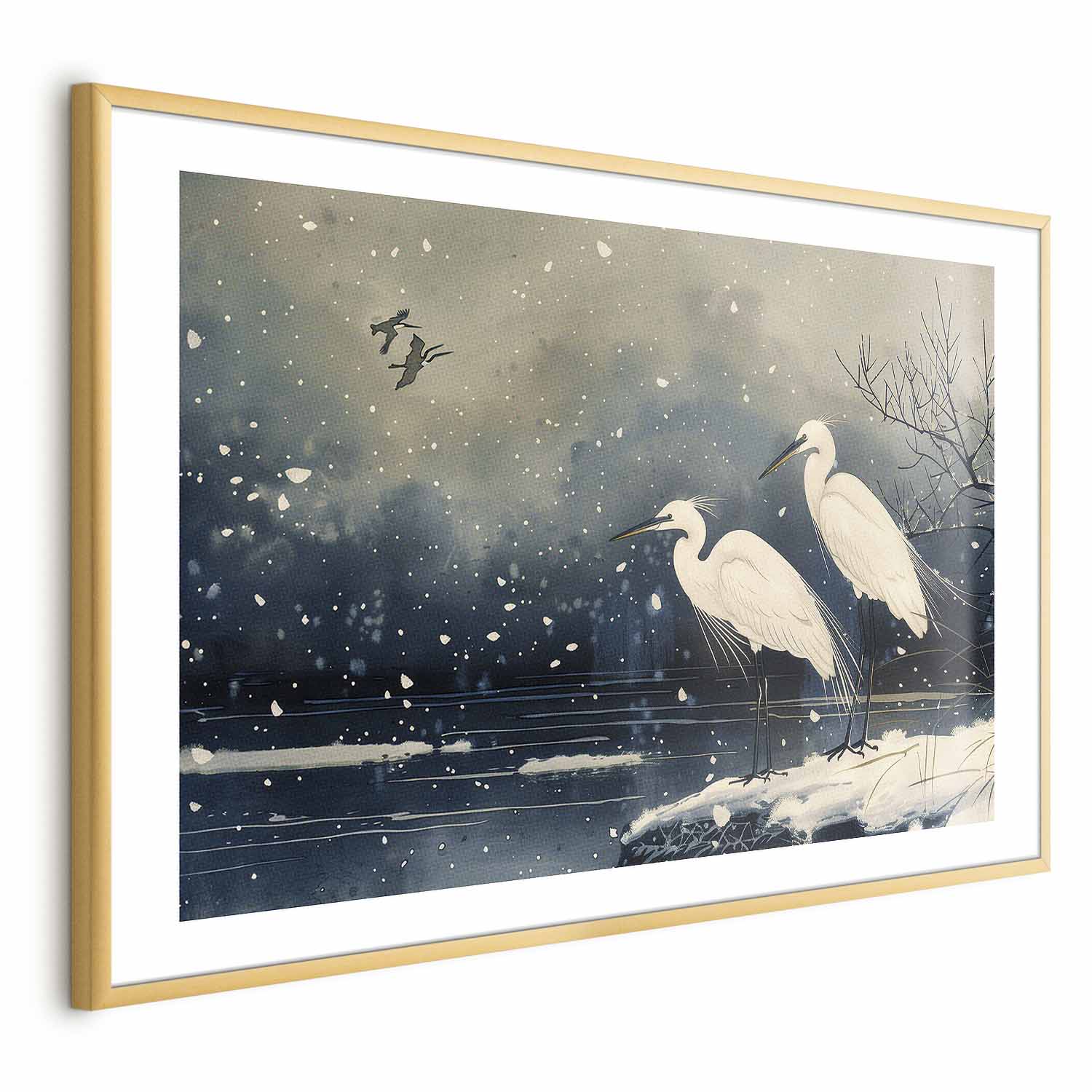 Japanese Herons Winter Pond Dark Poster