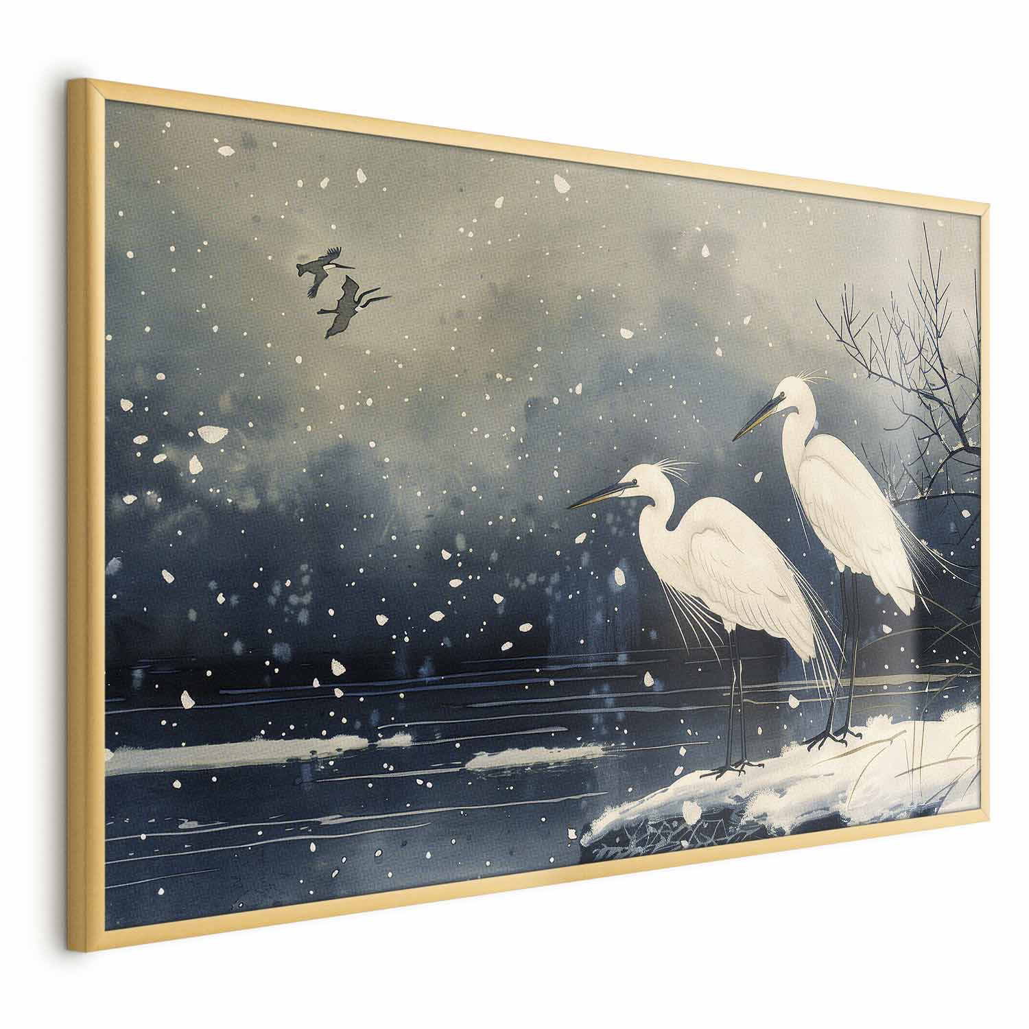 Japanese Herons Winter Pond Dark Poster