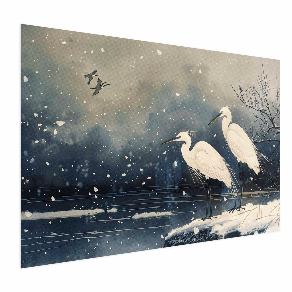 Japanese Herons Winter Pond Dark Poster