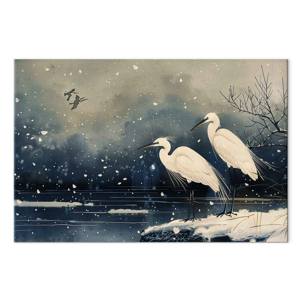 Herons Winter Pond Japanese Canvas Print