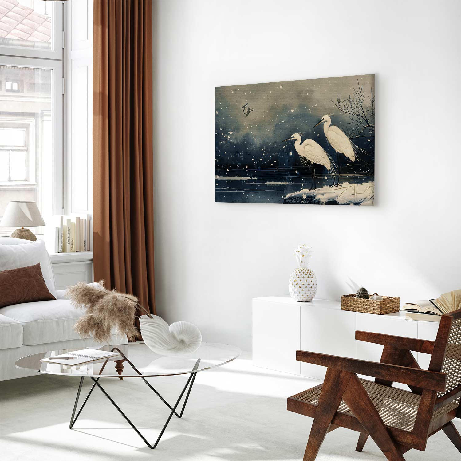 Herons Winter Pond Japanese Canvas Print