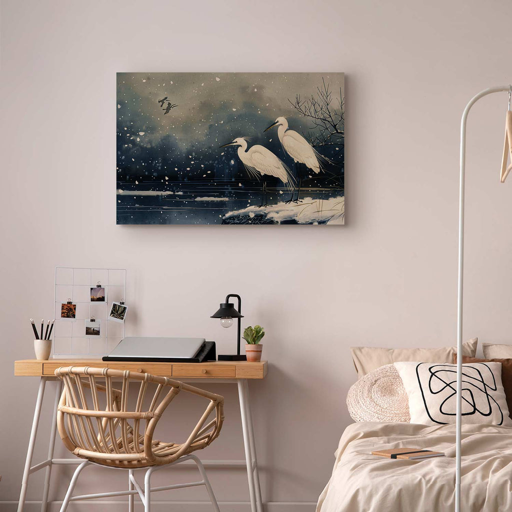 Herons Winter Pond Japanese Canvas Print