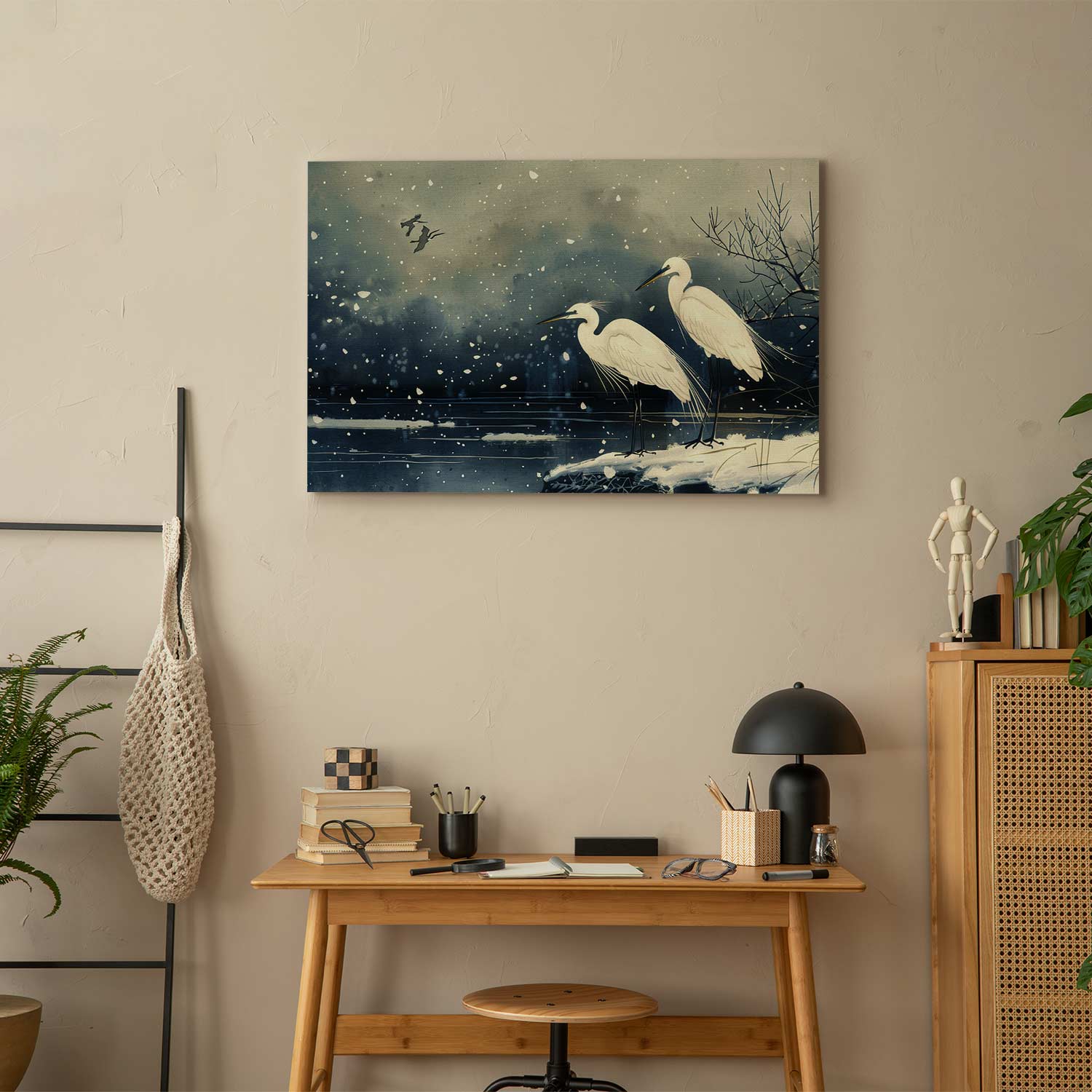 Herons Winter Pond Japanese Canvas Print