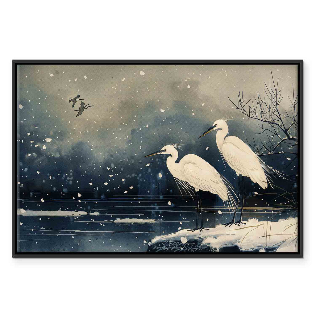 Herons Winter Pond Japanese Canvas Print