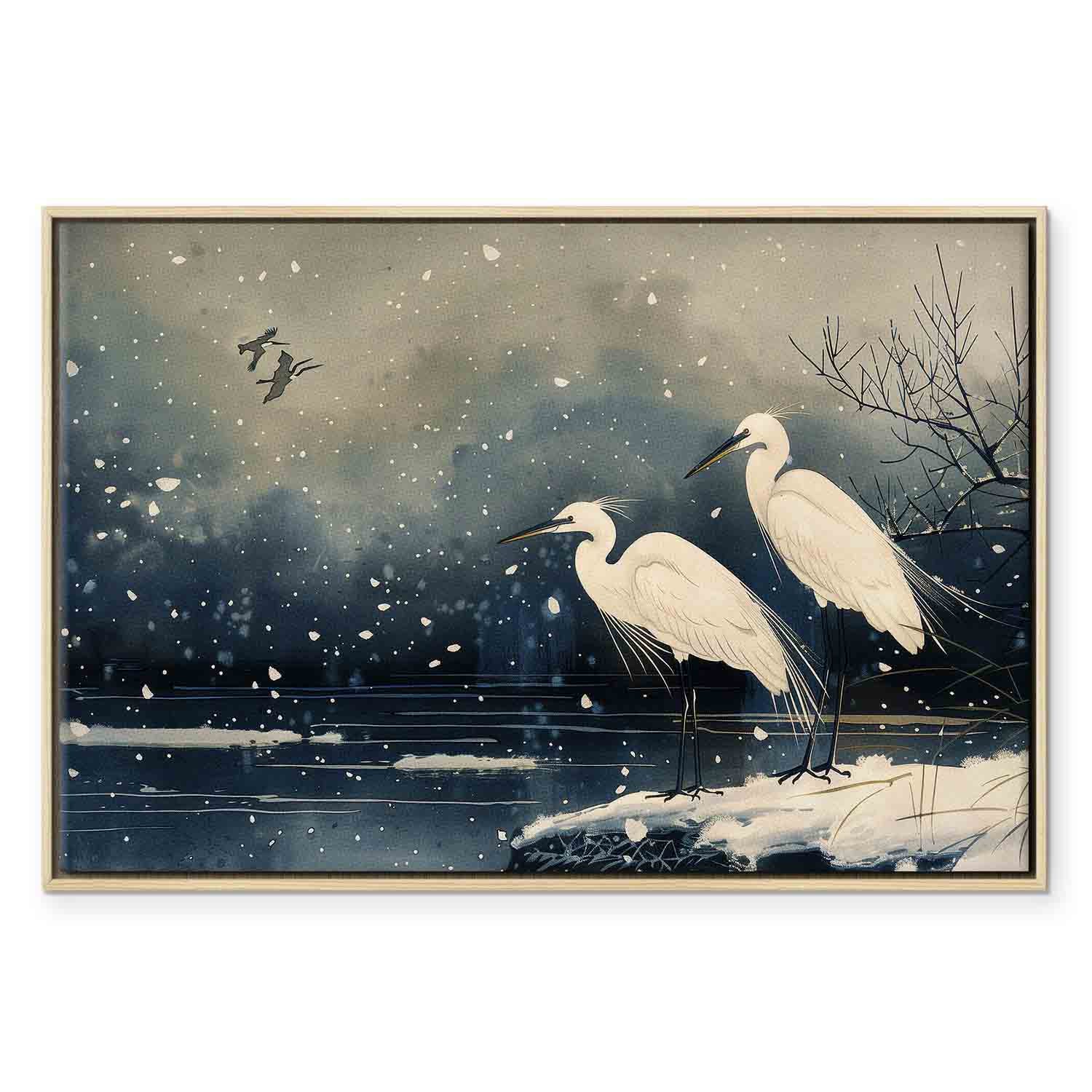 Herons Winter Pond Japanese Canvas Print