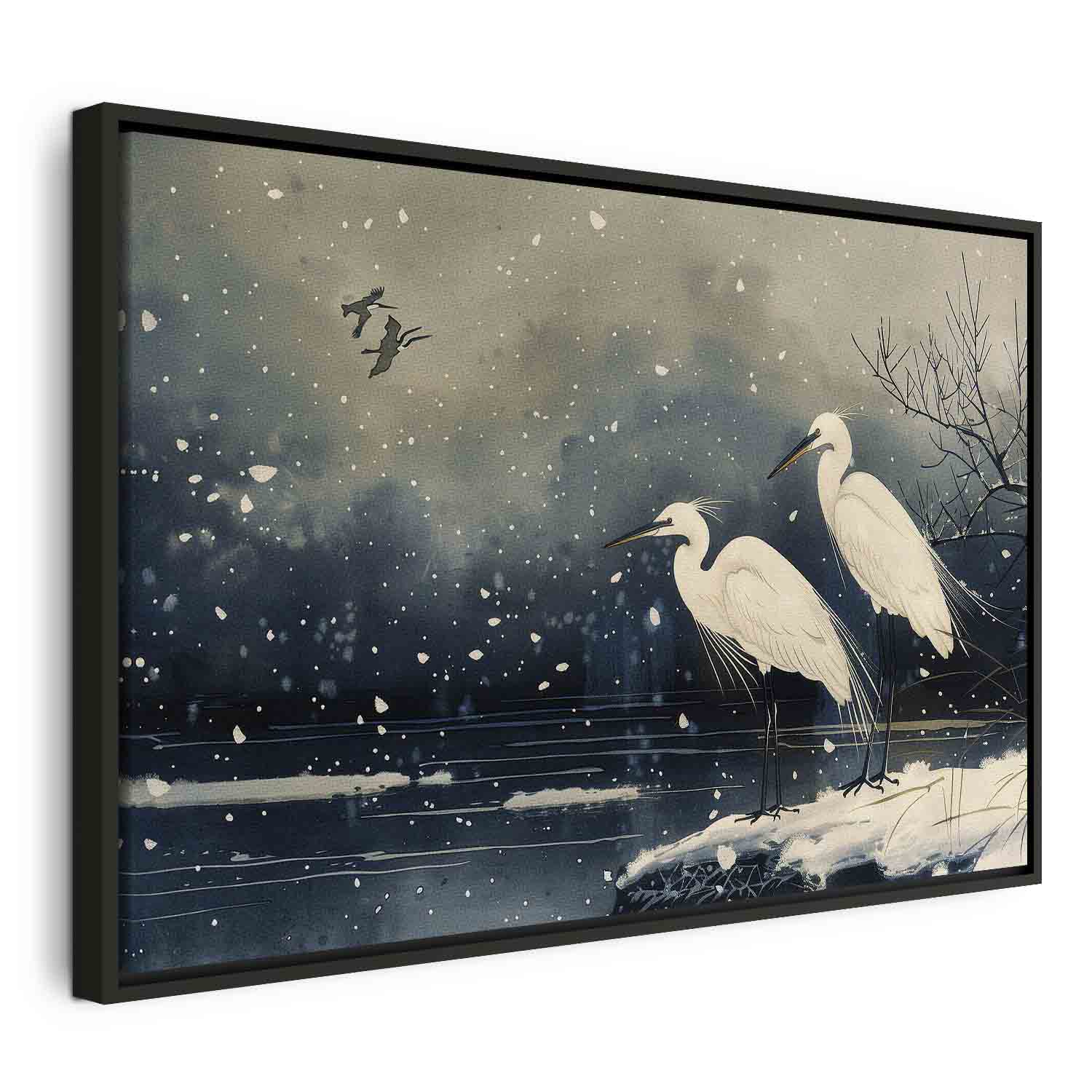 Herons Winter Pond Japanese Canvas Print