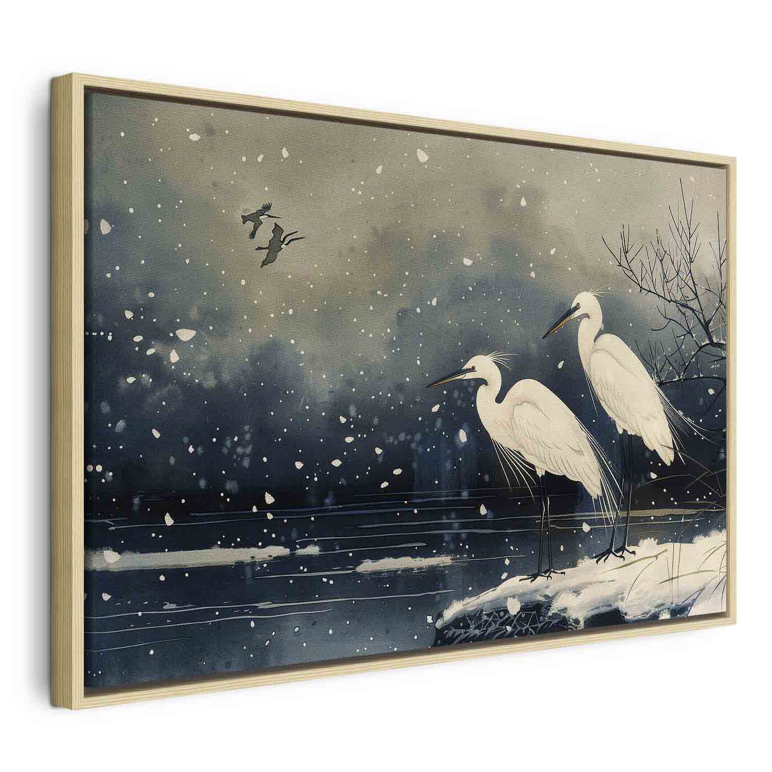Herons Winter Pond Japanese Canvas Print