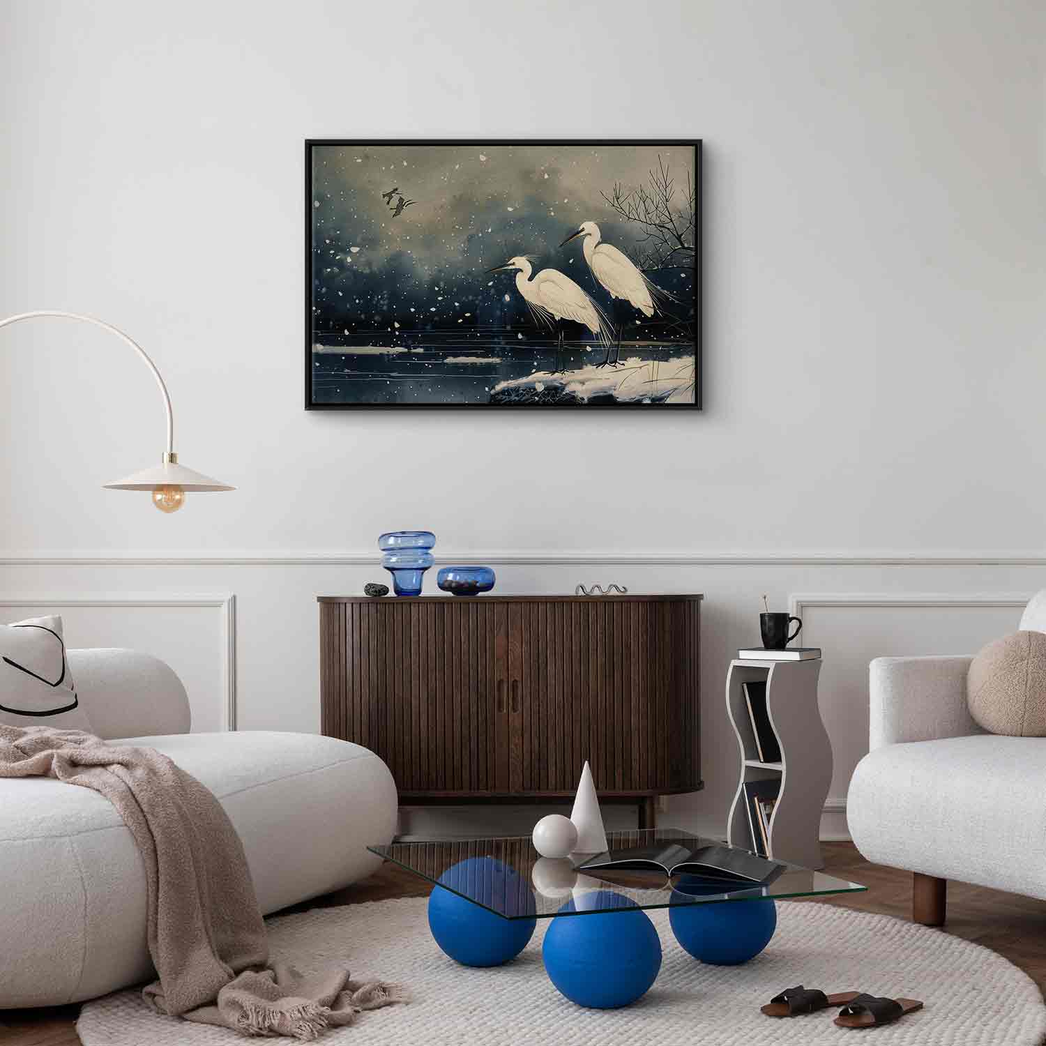 Herons Winter Pond Japanese Canvas Print