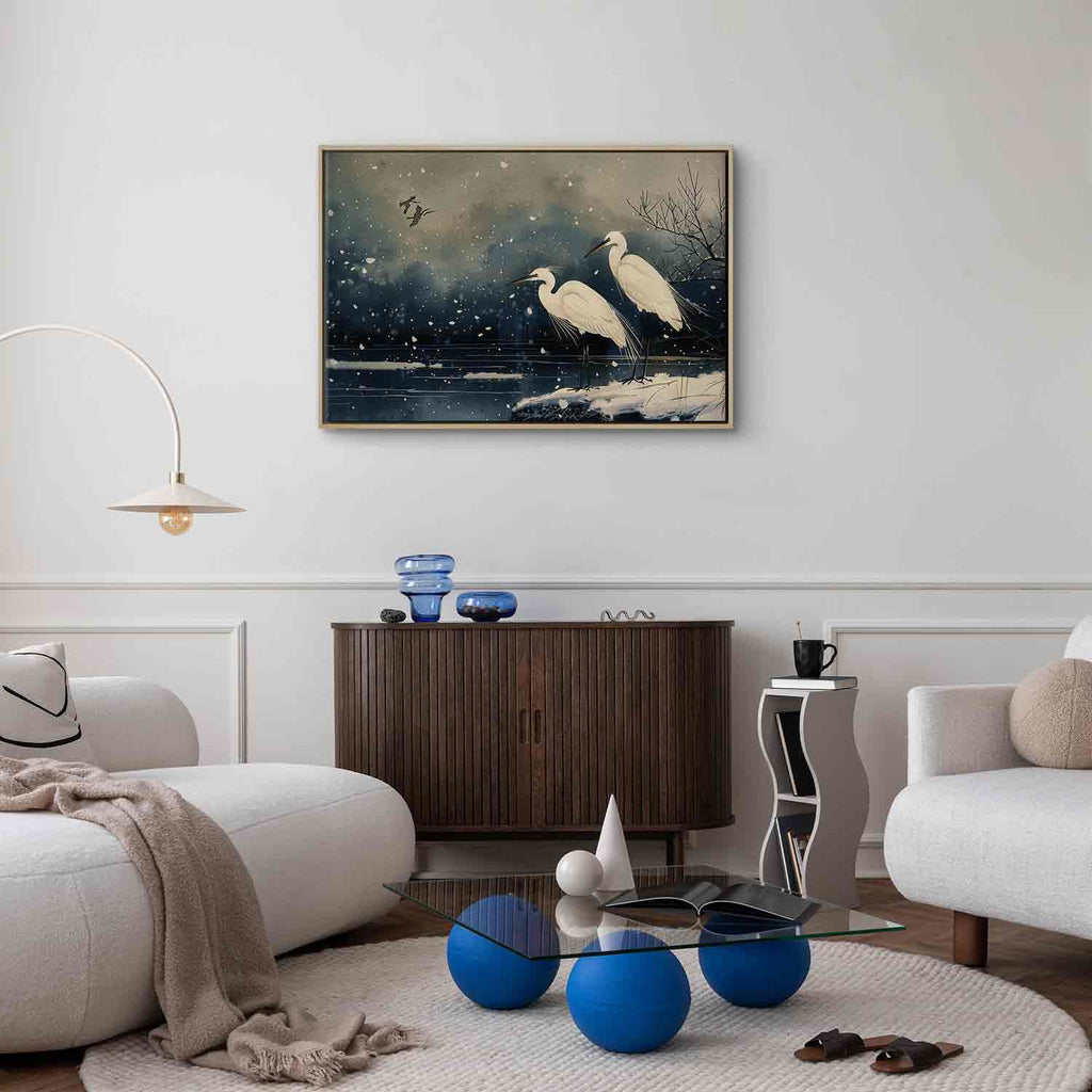 Herons Winter Pond Japanese Canvas Print