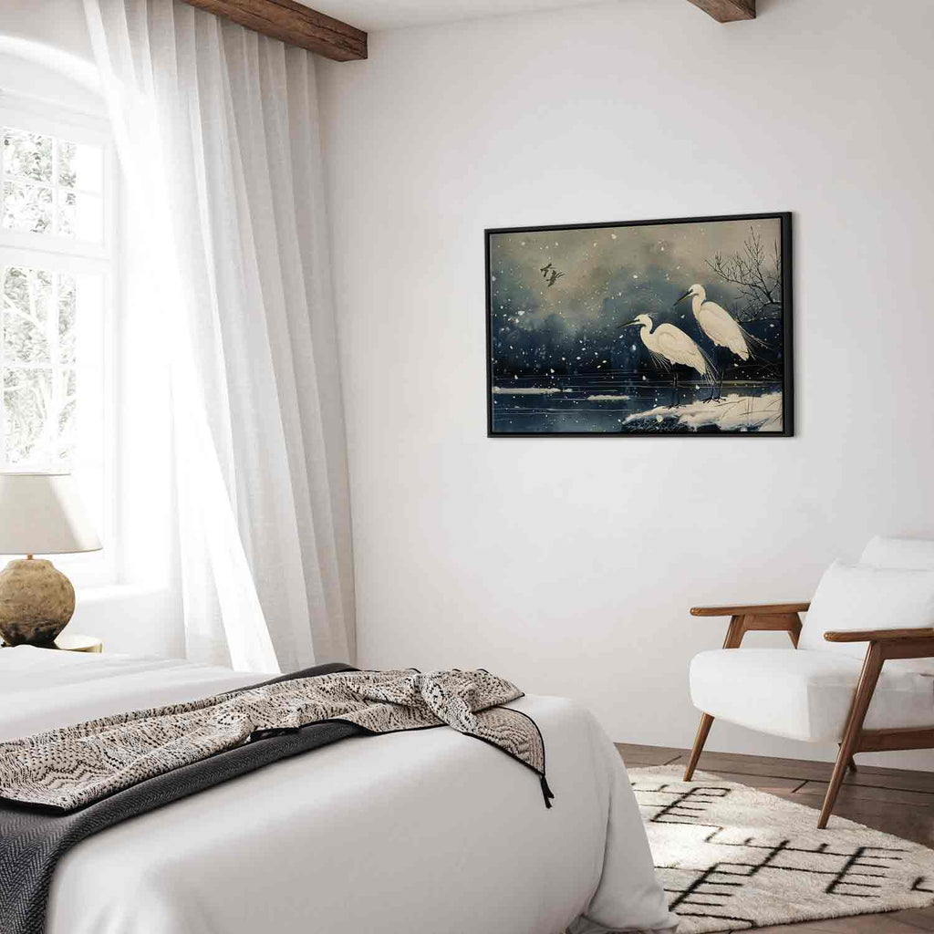 Herons Winter Pond Japanese Canvas Print
