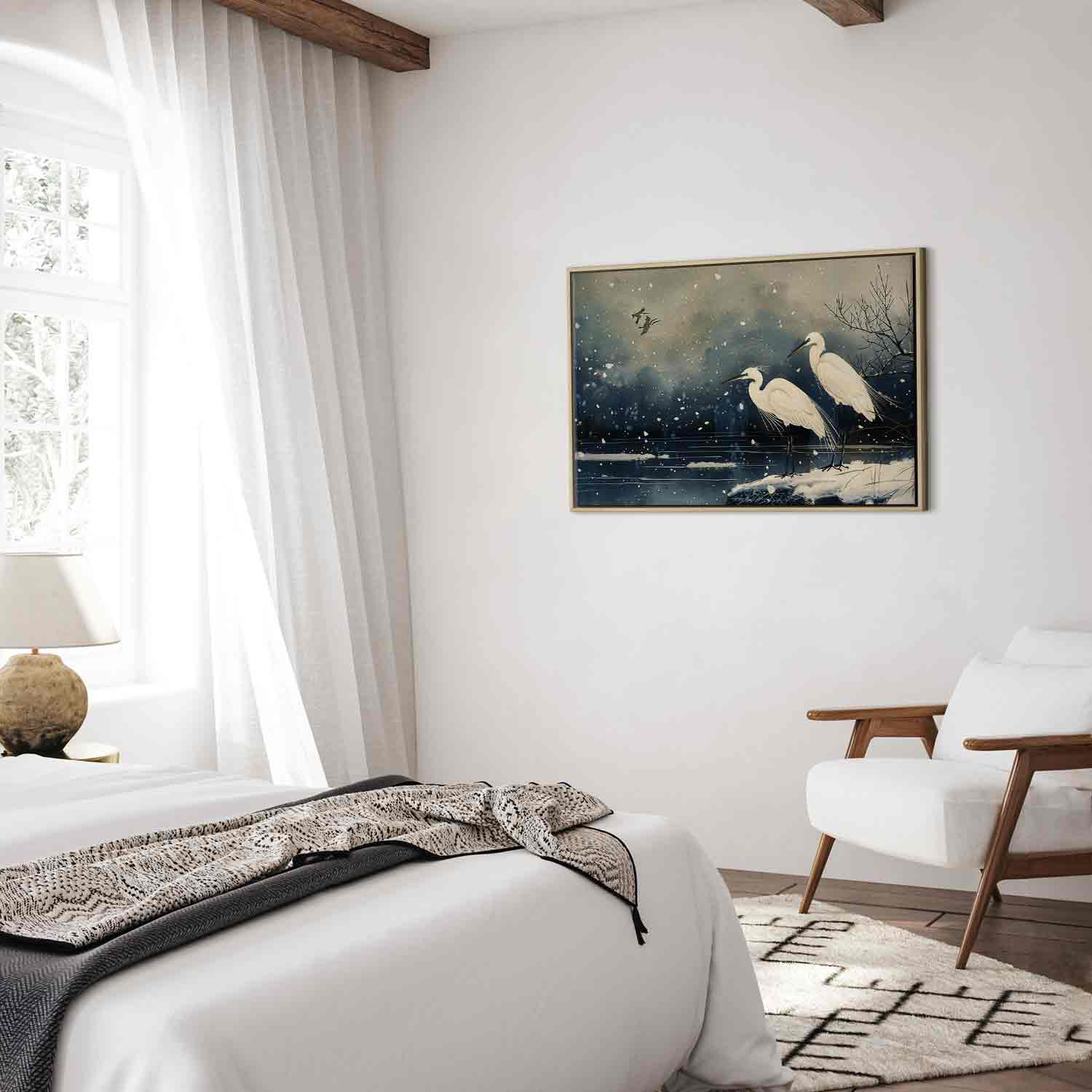 Herons Winter Pond Japanese Canvas Print