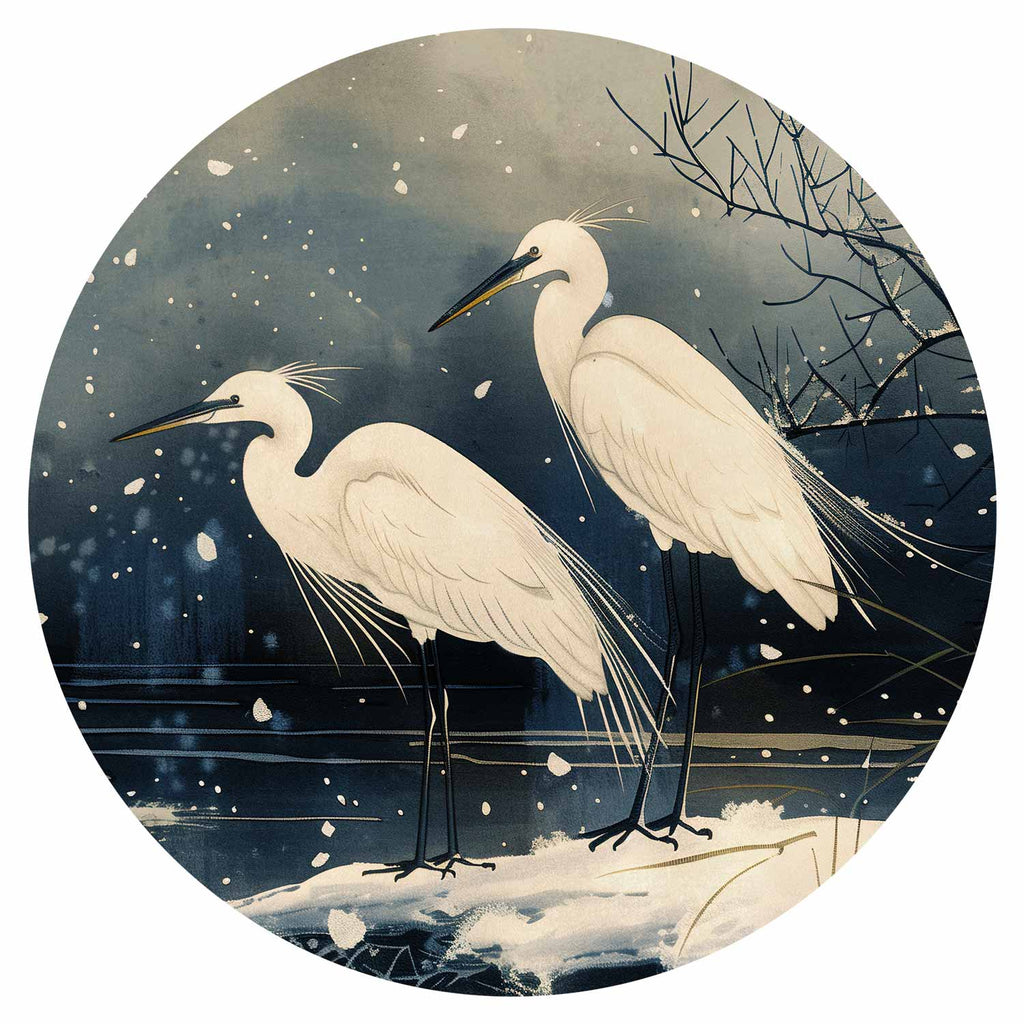 Japanese Herons Winter Pond Dark Round Wall Mural