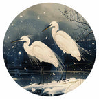 Japanese Herons Winter Pond Dark Round Wall Mural