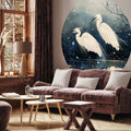 Japanese Herons Winter Pond Dark Round Wall Mural