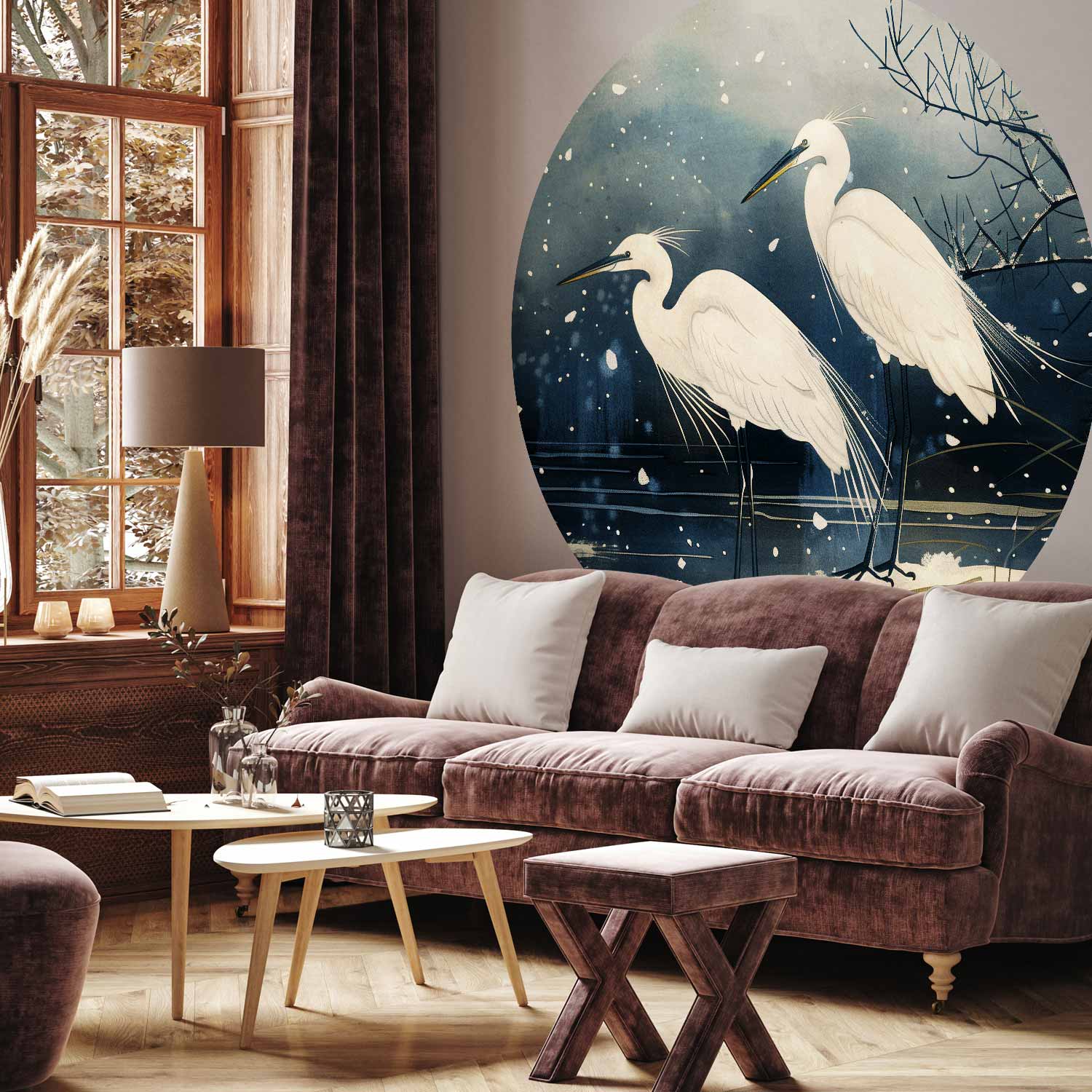 Japanese Herons Winter Pond Dark Round Wall Mural