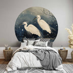 Japanese Herons Winter Pond Dark Round Wall Mural