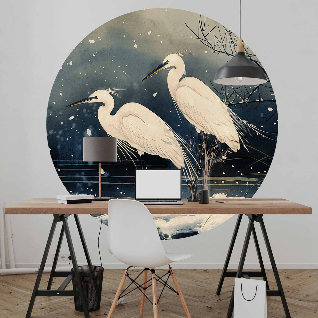 Japanese Herons Winter Pond Dark Round Wall Mural