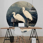 Japanese Herons Winter Pond Dark Round Wall Mural