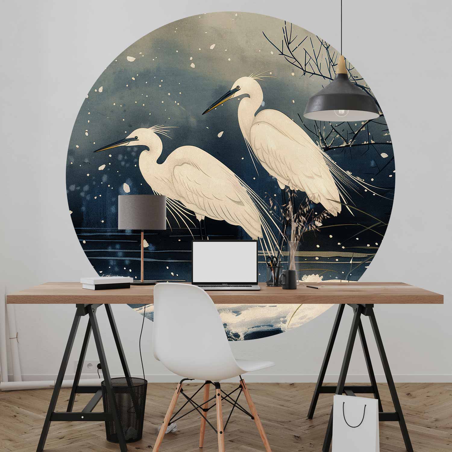 Japanese Herons Winter Pond Dark Round Wall Mural
